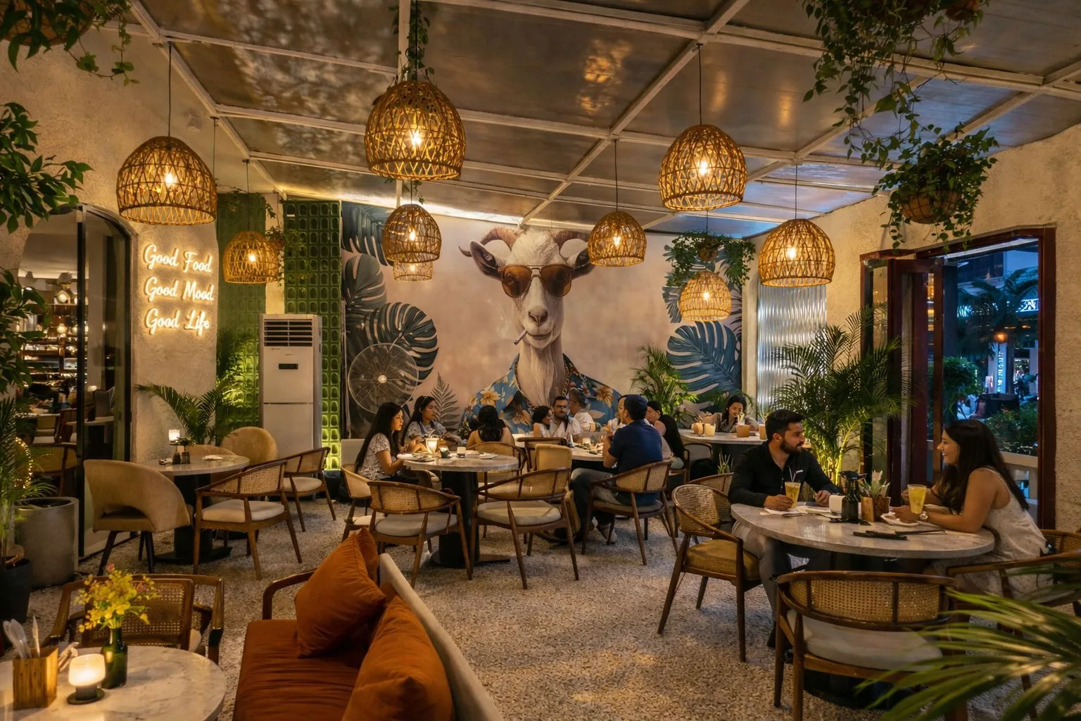 Restaurant seating and goat mural at Goat Brew Oshiwara